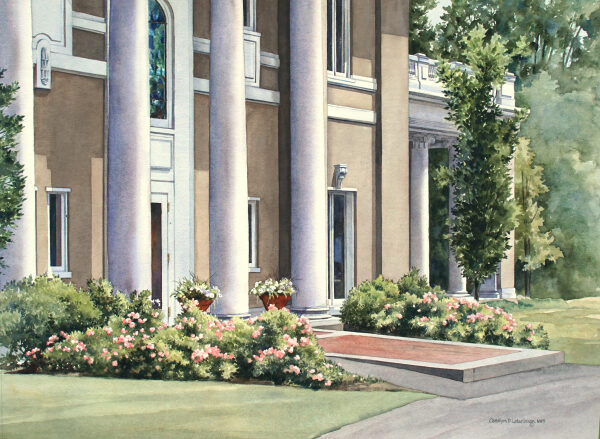 Sanborn House in Spring, watercolor donated by Winchester artist, Carolyn Latanision